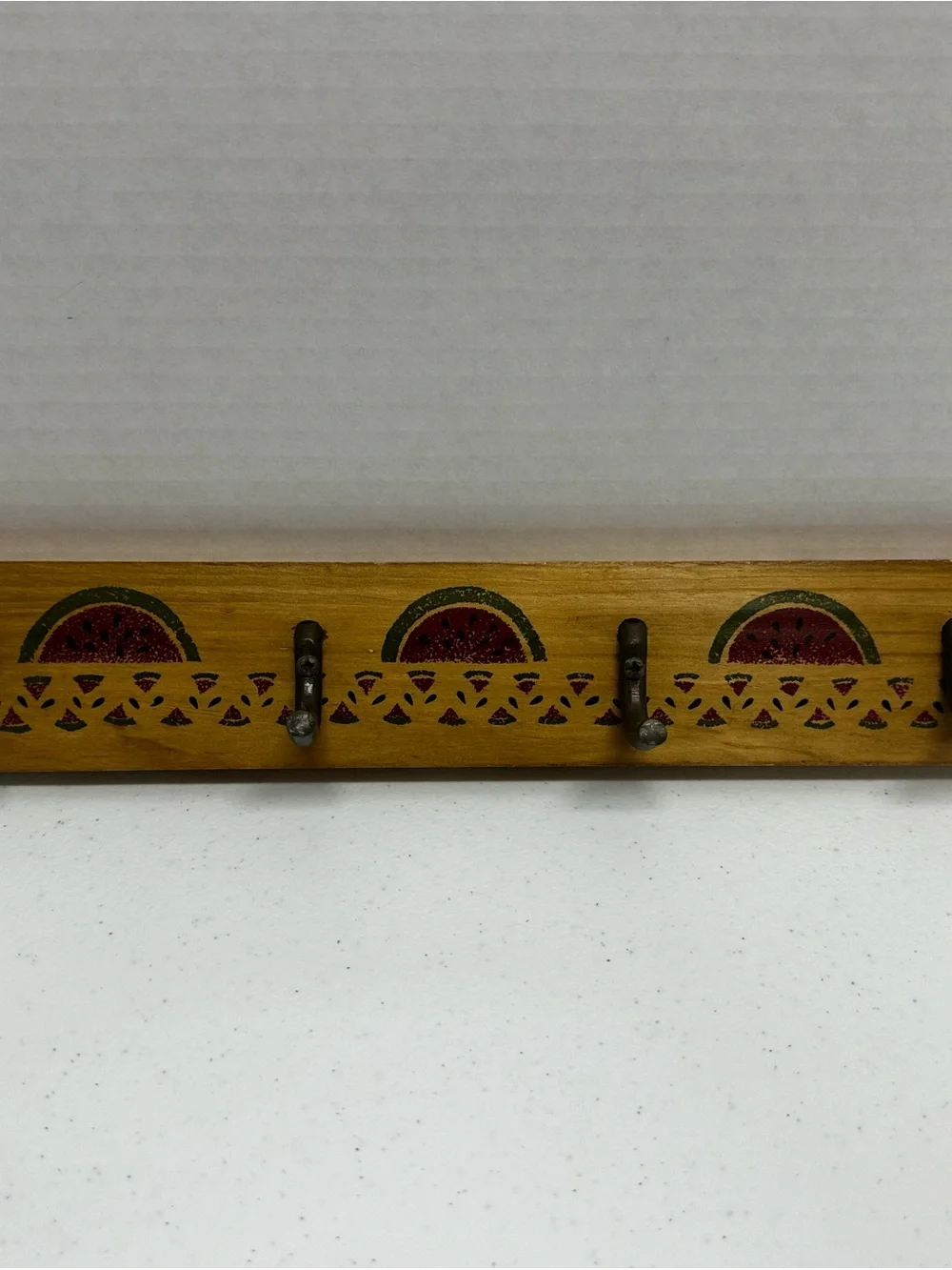 Vintage Hand Painted Watermelon Wood Wall Coat Rack 4 Cast Iron Hooks Rustic